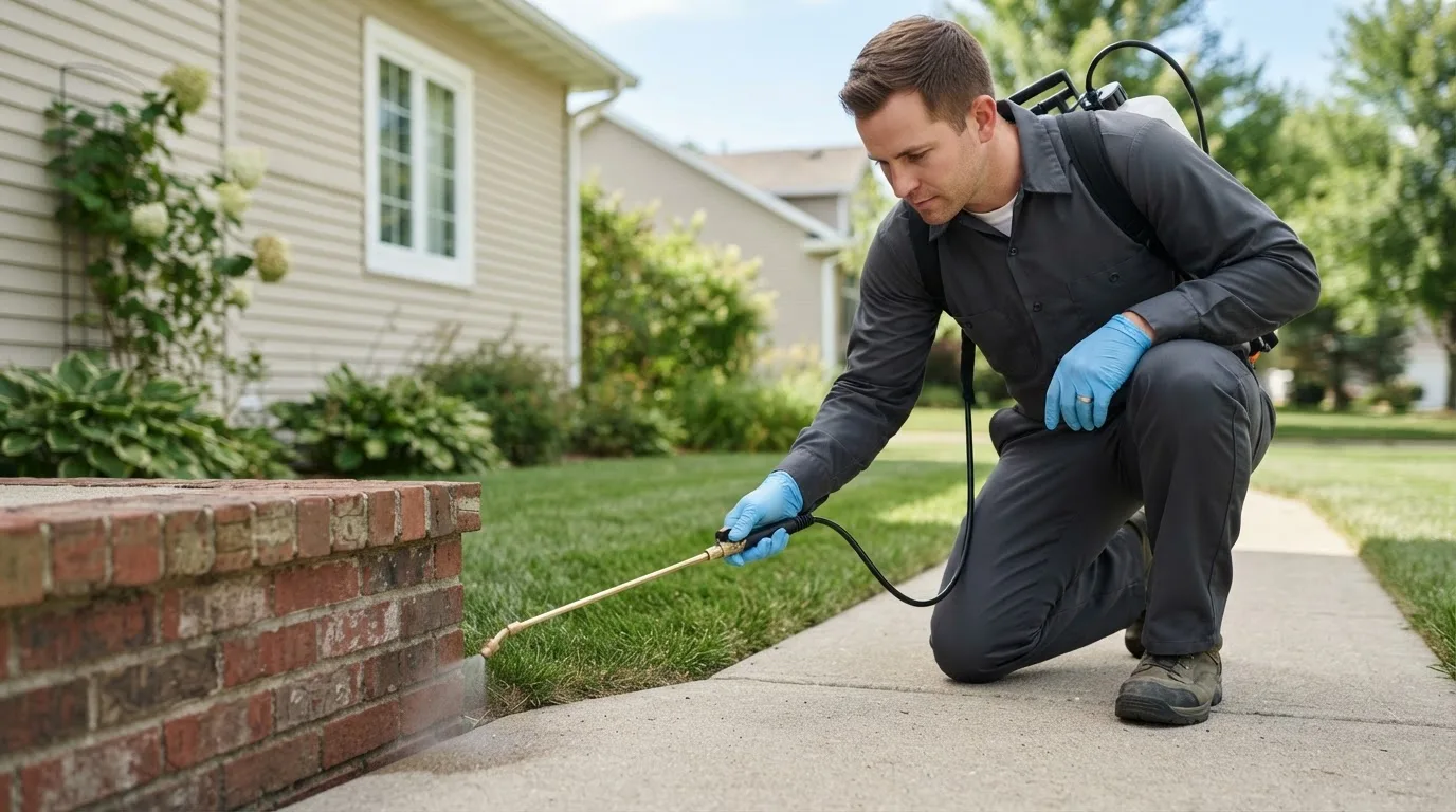 Pest control technician treating a home near Wakefield, NE
